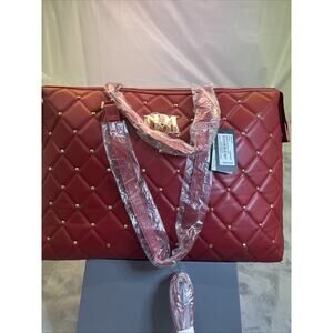 Badgley Mischka Quilted Tote Bag, XL Red w/Gold Studs & Logo Brand New Luxury